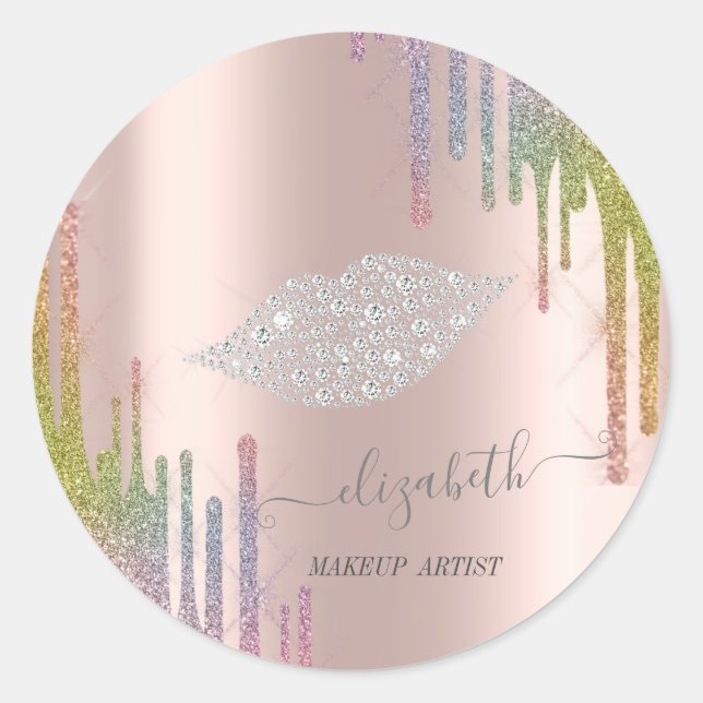 Sticker Rond Moder Diamonds Lips, Rose Gold Rainbow Drips (Devant)