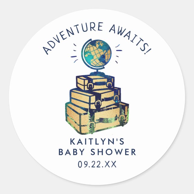 Sticker Rond Modern Adventure Travel Baby shower (Devant)