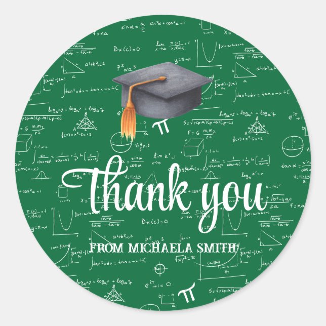 Sticker Rond Modern Black Cap Green Math Graduation Thank You (Devant)