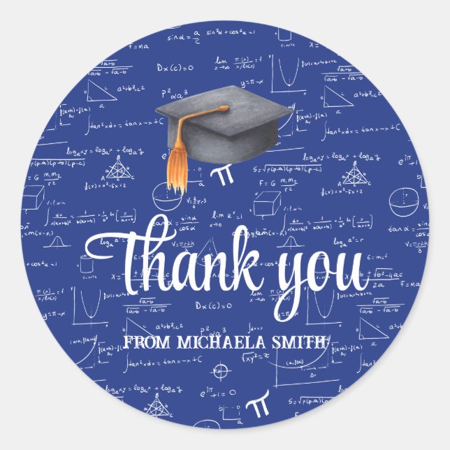 Sticker Rond Modern Black Cap Math Graduation Blue Thank You (Devant)