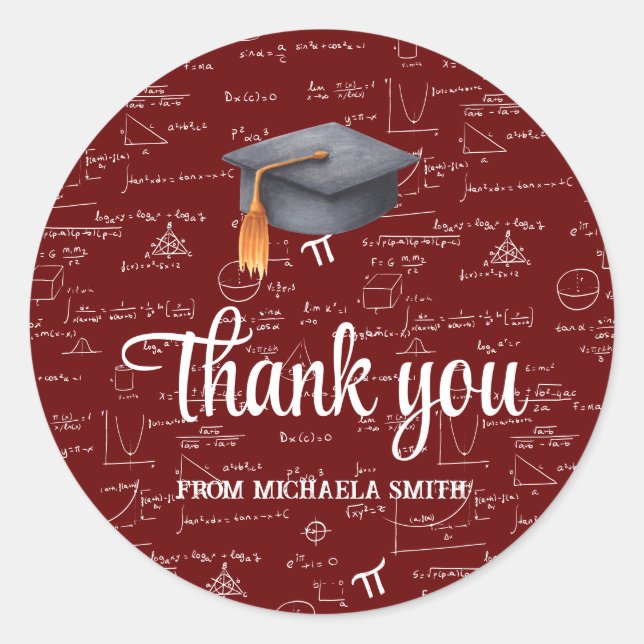 Sticker Rond Modern Black Cap Math Graduation Maroon Thank You (Devant)