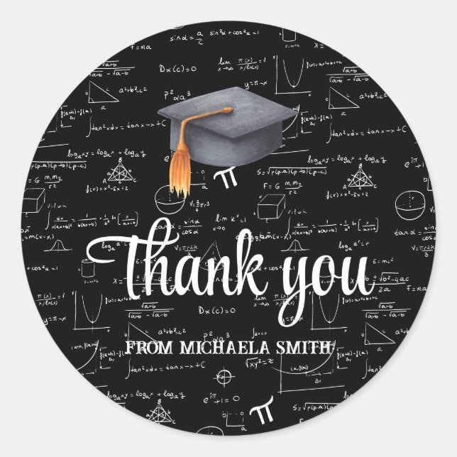 Sticker Rond Modern Black Cap Math Graduation Thank You (Devant)