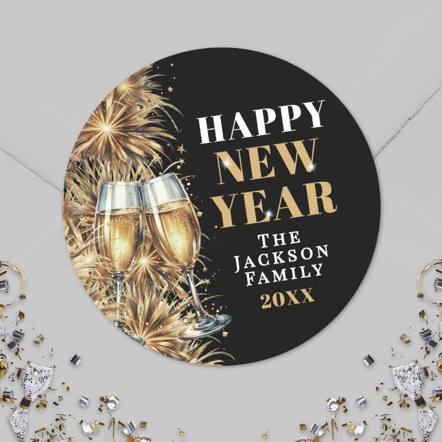 Sticker Rond Modern Black Gold Champagne New Year's Eve Party (Modern Black Gold Champagne New Year's Eve Party Classic Round Sticker)