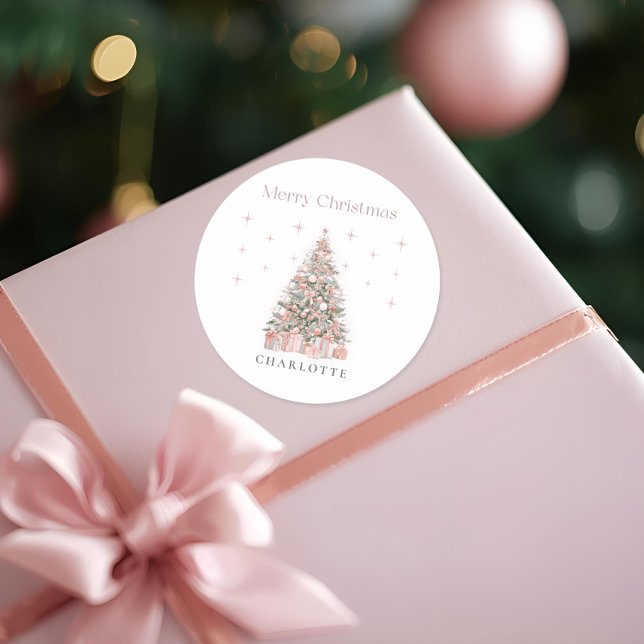 Sticker Rond Modern Blush Christmas Tree – Personalized Holiday (Créateur téléchargé)
