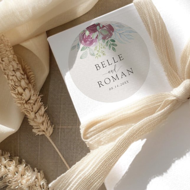 Sticker Rond Modern Burgundy Rose Watercolor Wedding   (Créateur téléchargé)