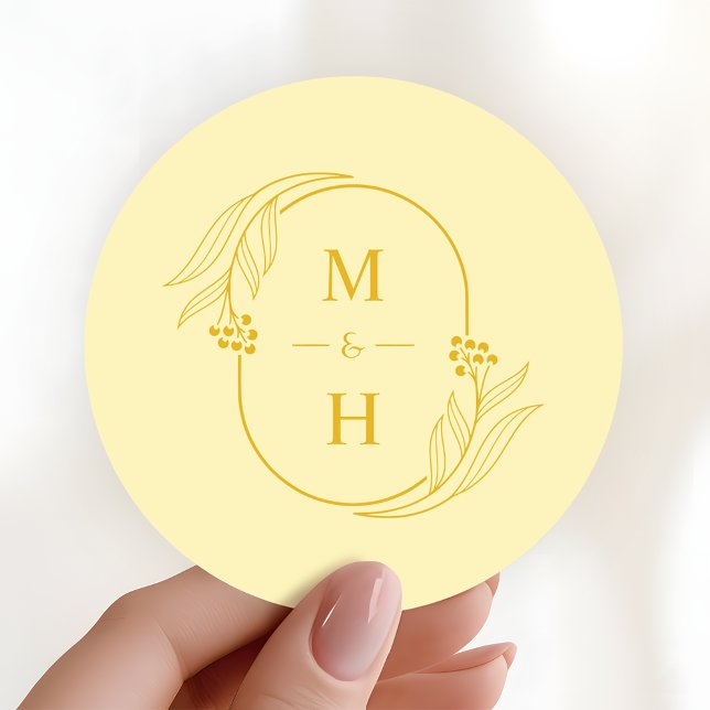 Sticker Rond Modern Butter Yellow Boho Monogram Wedding (Créateur téléchargé)