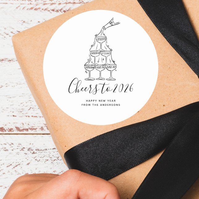 Sticker Rond Modern Cheers to the New Year White Hand Drawn (Créateur téléchargé)