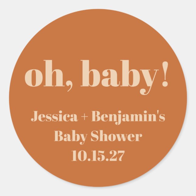 Sticker Rond Modern Cute Terracotta Baby shower Nom personnalis (Devant)