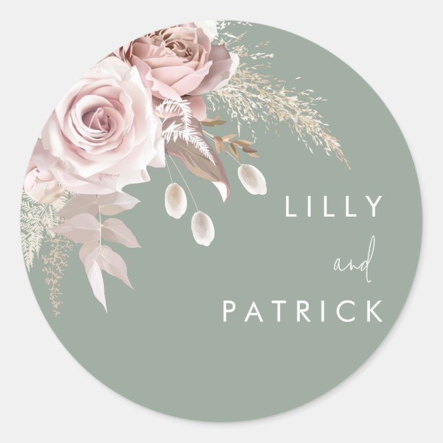 Sticker Rond Modern Dusty Rose Blush & Sage Wedding (Devant)