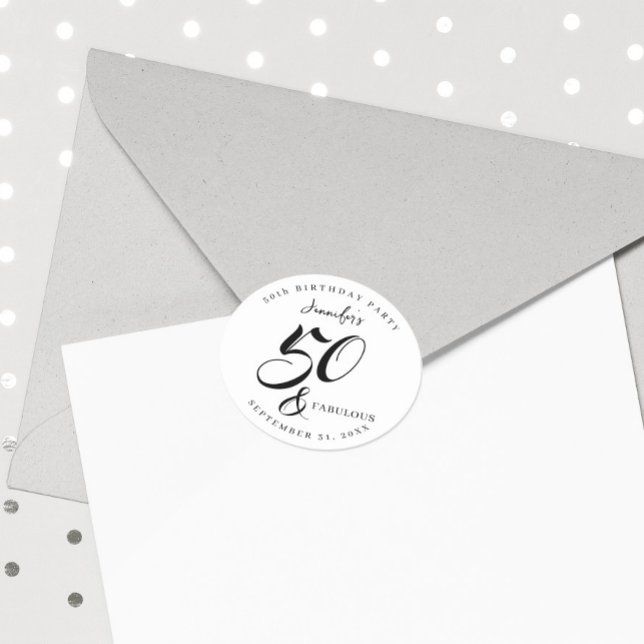 Sticker Rond Modern Elegant Black White Fifty Fabulous Birthday (Créateur téléchargé)