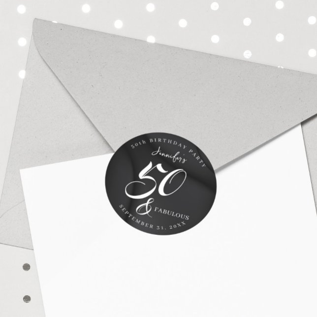 Sticker Rond Modern Elegant Black White Fifty Fabulous Birthday (Créateur téléchargé)