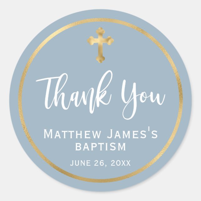 Sticker Rond Modern Gold Cross Light Dusty Blue Boy Baptism  (Devant)