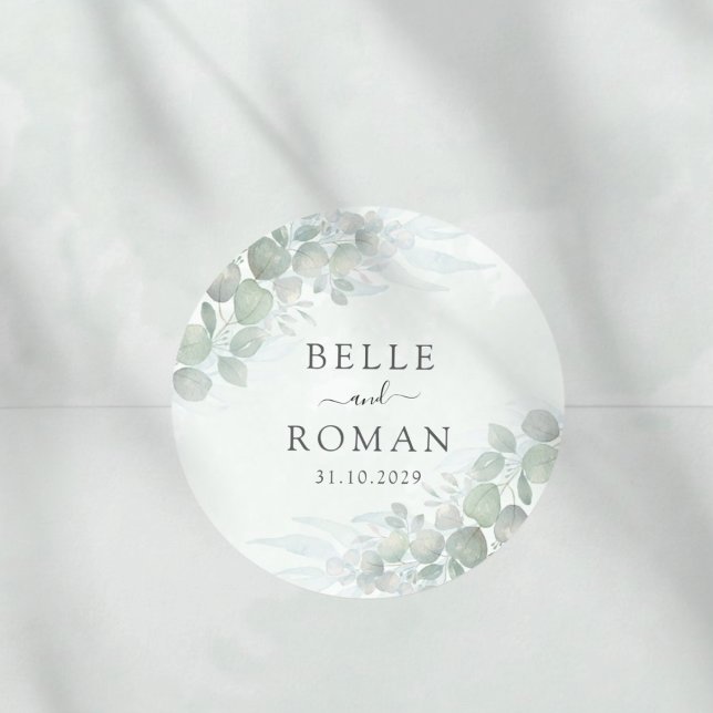 Sticker Rond Modern Green Eucalyptus Watercolor Wedding (Créateur téléchargé)