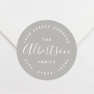 Sticker Rond Modern Grey Calligraphy Nom de famille Adresse de 