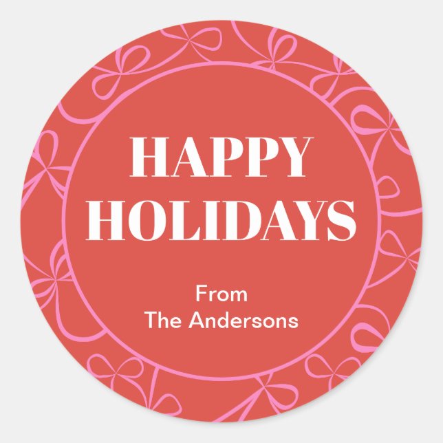 Sticker Rond Modern Holiday Bold Red & Pink Ribbon Pattern (Devant)