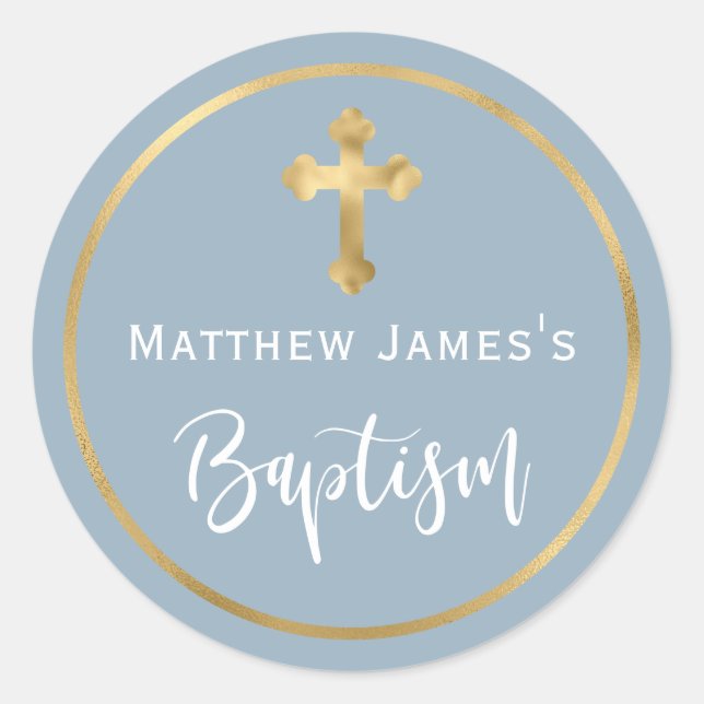 Sticker Rond Modern Light Dusty Blue Gold Cross Boy Baptism  (Devant)