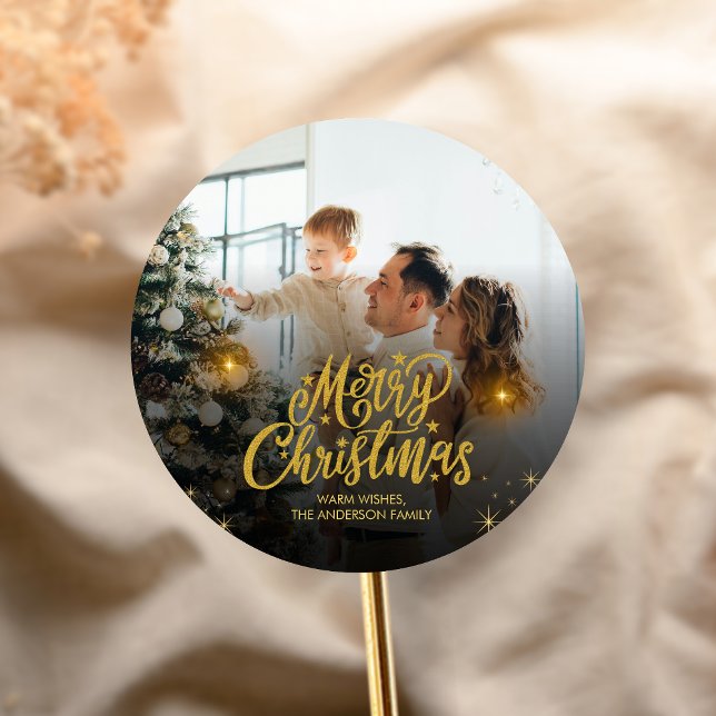 Sticker Rond Modern Merry Christmas Family Photo (Modern Christmas Family Holiday Sticker)