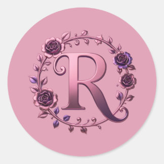 Sticker Rond Modern Metallic Rosemaling Letter R, Pink/Purple