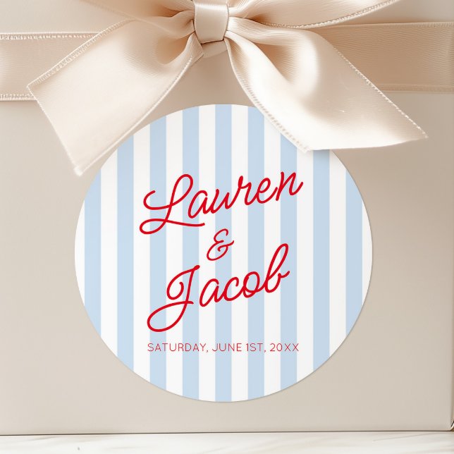 Sticker Rond Modern Minimal Minimalist Red Blue Stripes Wedding (Créateur téléchargé)