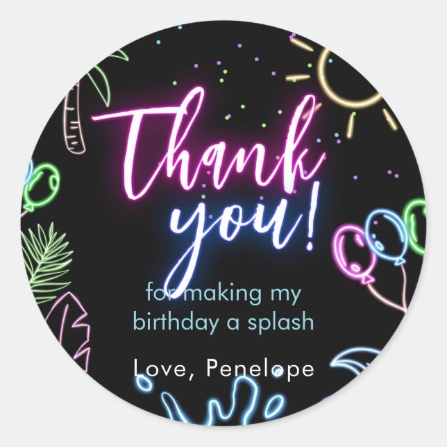 Sticker Rond Modern Neon Glow Black Pool Party Thank you (Devant)