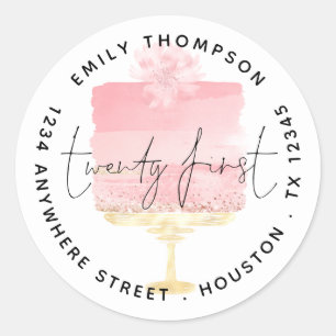 Sticker Rond Modern Pink Cake Script 21st Nom Adresse de retour