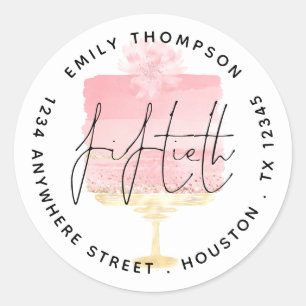 Sticker Rond Modern Pink Cake Script 50th Nom Adresse de retour