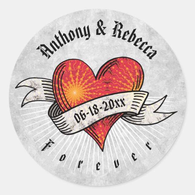 Sticker Rond Modern Red Heart Ajouter des noms et une date (Devant)