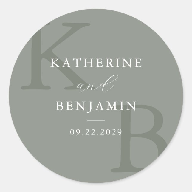 Sticker Rond Modern Sage Green Monogram Minimalist Wedding (Devant)