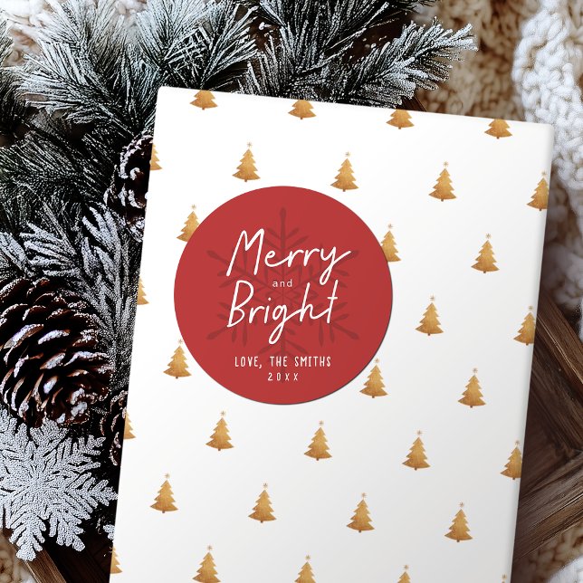 Sticker Rond Modern Script Merry & Bright Snowflakes Christmas (Modern Script Merry & Bright Snowflakes Christmas Classic Round Sticker)