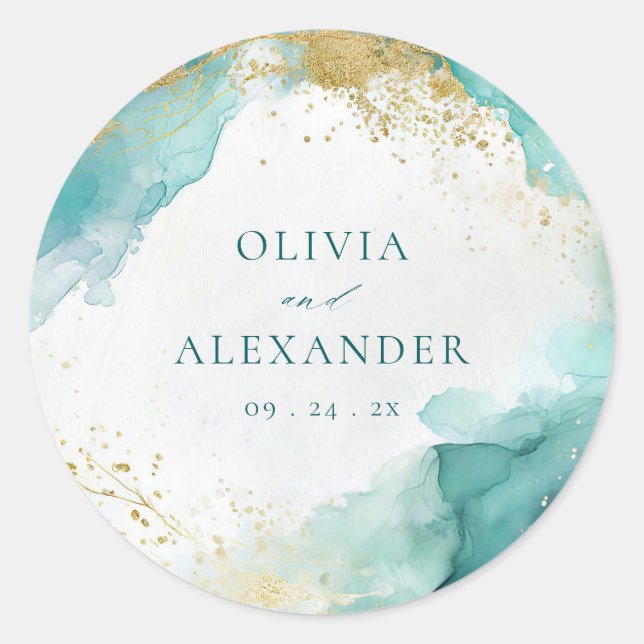 Sticker Rond Modern Teal Gold Abstract Beach Wedding  (Devant)
