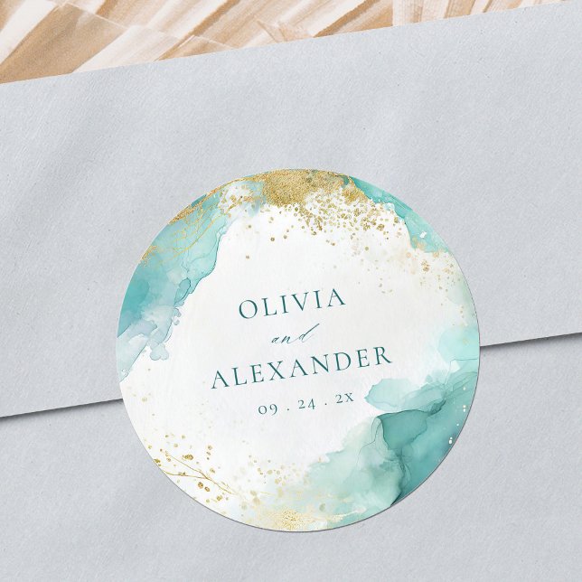 Sticker Rond Modern Teal Gold Abstract Beach Wedding  (Créateur téléchargé)