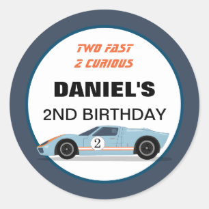 Sticker Rond Modern Two Fast Race Car Boy 2e anniversaire
