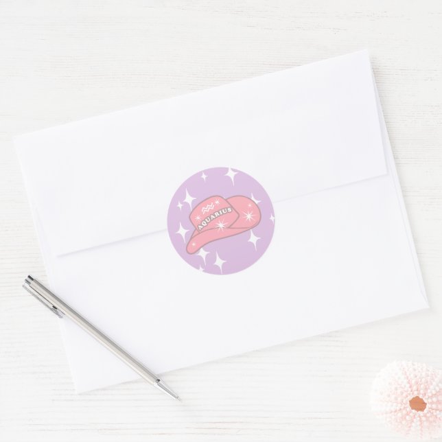 Sticker Rond Moderne Aquarius Zodiac Cowgirl Casquette Lilac (Enveloppe)