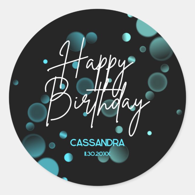 Sticker Rond Moderne Bleu Bokeh Gradient Noir Joyeux anniversai (Devant)