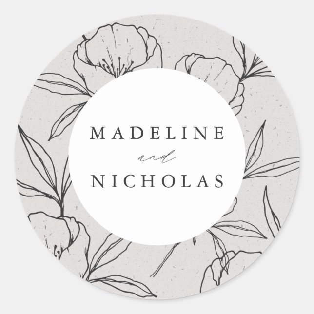 Sticker Rond Moderne Botanique Floral Gris & Mariage noir (Devant)