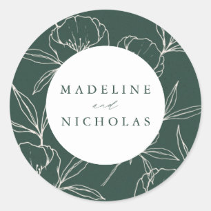 Sticker Rond Moderne Botanique Floral Vert foncé & Mariage de c