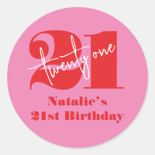 Sticker Rond Moderne Élégant 21e Anniversaire Rose Rouge Minima