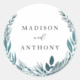 Sticker Rond Moderne Elegant Botanique Turquoise Blue Wreath Ma