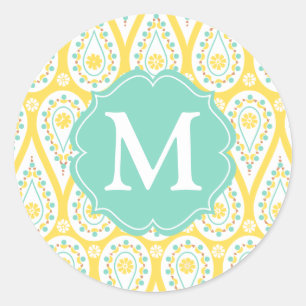 Sticker Rond Moderne Elegant Damask Yellow Paisley Personnalisé