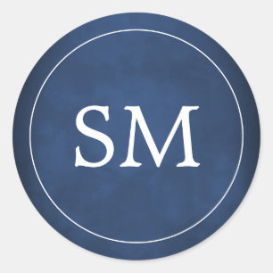 Sticker Rond Moderne Elegant Marine Bleu Blanc Mariage Monogram