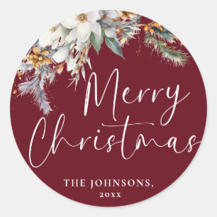 Sticker Rond Moderne Elegant Rouge Joyeux Noël Botanique