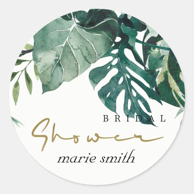 STICKER ROND MODERNE FEUILLE TROPICALE DE MONSTERA POUR MARIAGE (Devant)
