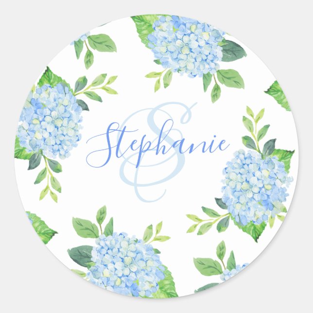 Sticker Rond Moderne Floral bleu Hydrangée Aquarelle Monogramme (Devant)