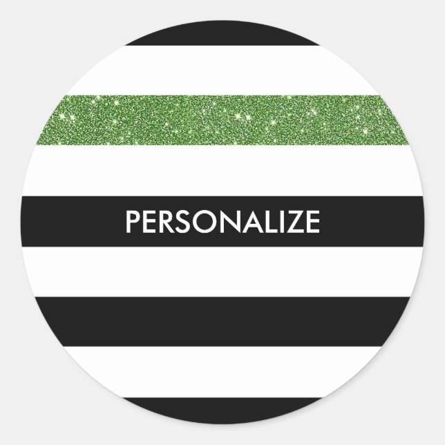 Sticker Rond Moderne Grilles Noires FAUX Vert Glitz et nom (Devant)