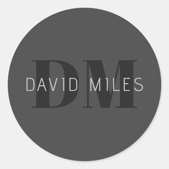 Sticker Rond Moderne gris foncé et noir Nom et monogramme modif (Devant)