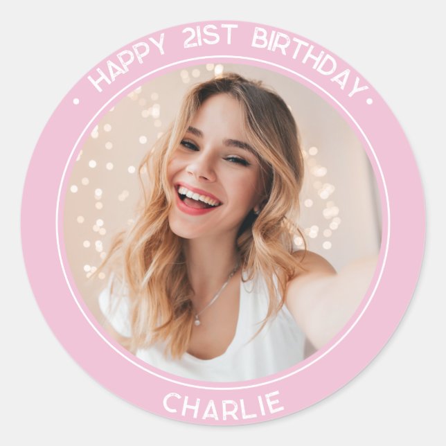 Sticker Rond Moderne Joyeux 21e anniversaire Photo rose (Devant)