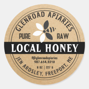 Sticker Rond Moderne Miel Stylisé Fleur Bee Kraft Noir