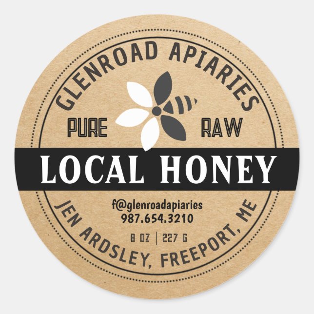 Sticker Rond Moderne Miel Stylisé Fleur Bee Kraft Noir (Devant)