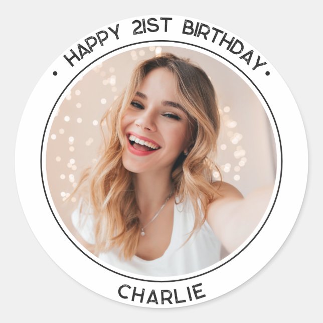 Sticker Rond Moderne minimaliste Joyeux 21e anniversaire photo  (Devant)
