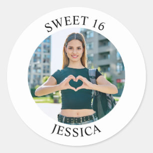 Sticker Rond Moderne minimaliste Sweet 16 photo d'anniversaire